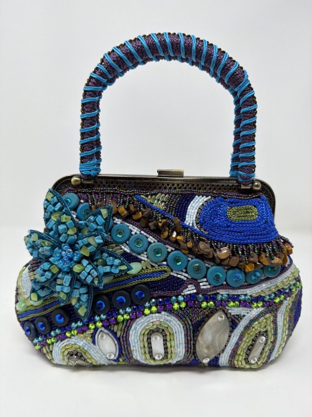 Chico's Beaded Evening Bag Blue Purple Floral Embellished Top Handle Purse - Picture 2 of 16